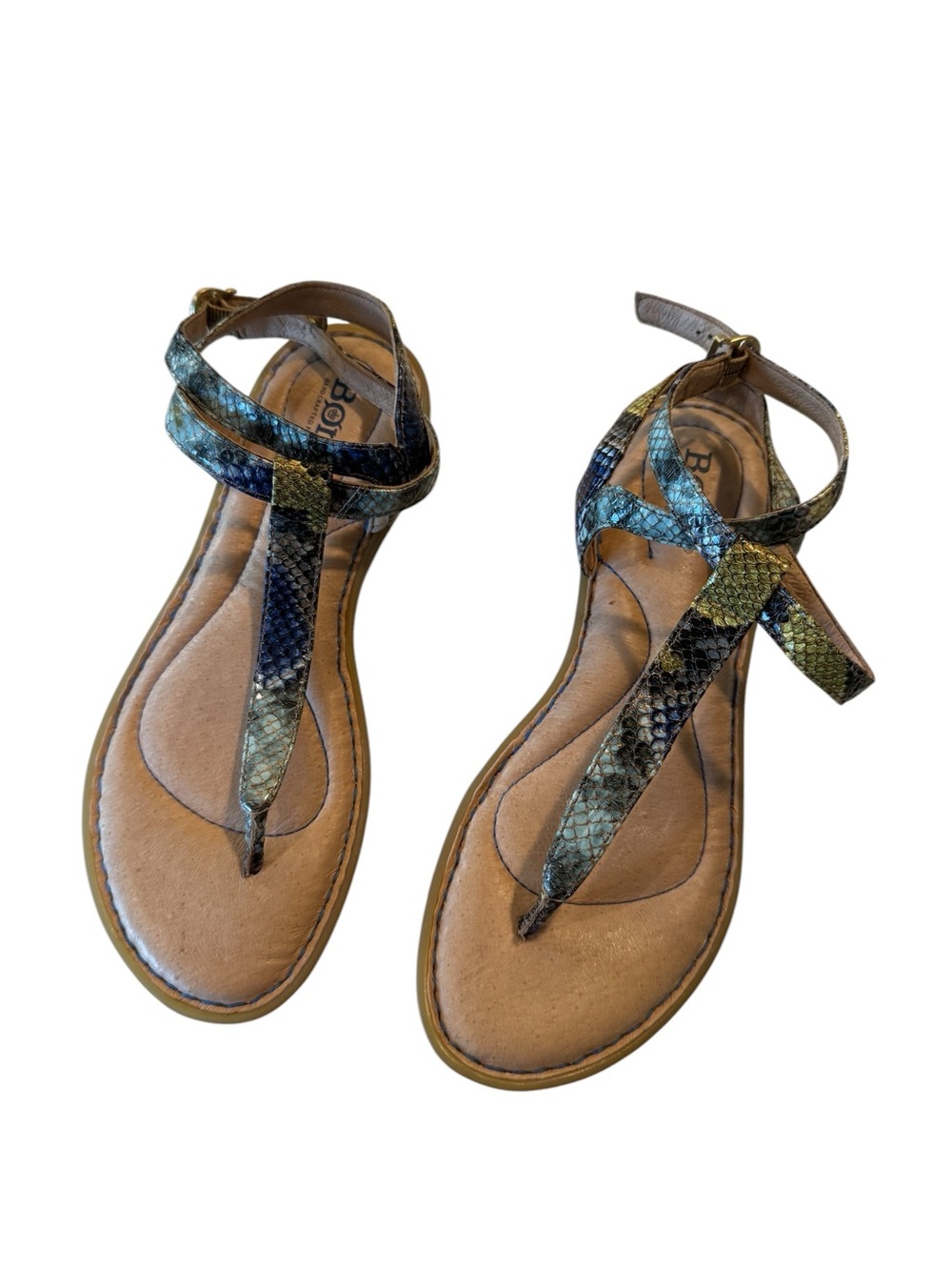 Born Børn Acaulina Gold Blue Metallic Snakeskin Leather Thong Sandals 6M